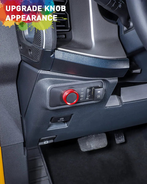 Red billet aluminum knob trim around the climate control knob on 2021–2025 Ford Bronco interior.