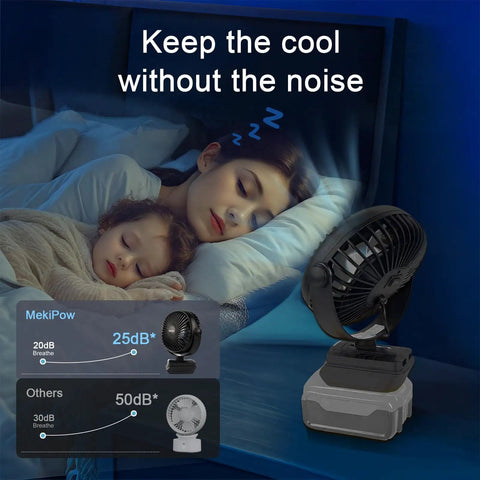Cordless Jobsite Fan Compatible With DeWalt 20V Batteries shown on nightstand near sleeping child