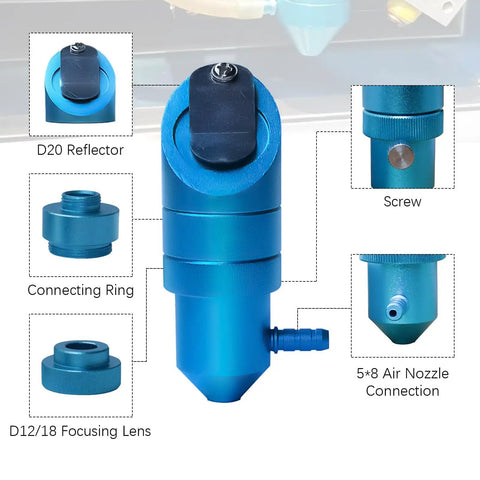 Blue K40 Laser Head With Air Assist For CO2 Laser Engraver, Drop-In Mount, with visible parts labeled, including screws and lenses.