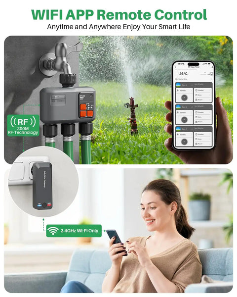 3 Zone WiFi Sprinkler Timer With 984 Ft Range And 3 Outlet Smart Water Timer for garden hoses shown on phone app display