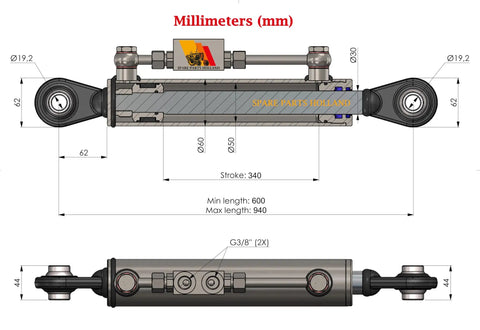 Adjustable Hydraulic Top Link Cat 1 From Cab Control 23 And 5 Eighths To 37 Inches With Locking Block detailed dimensions