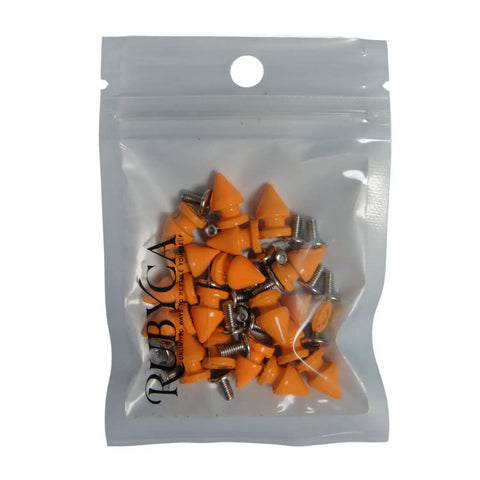12mm Metal Tree Spike Studs Set Of 100 With Screws And Screw Back Fasteners in orange zinc, packaged in a clear bag.