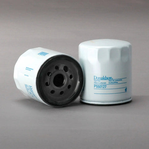 Spin On Fuel Filter P550127 Replacement For Diesel And Gas Engines, heavy-duty fuel cleaner shown at angle, protects engine