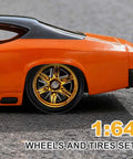 1/64 scale diecast car with 8 Piece 1/64 Scale Wheels And Tires Set With Real Riders Rims And Axles, gold 10 spoke wheel closeup
