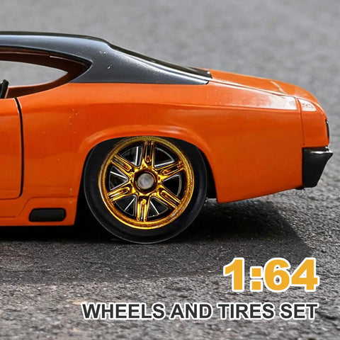 1/64 scale diecast car with 8 Piece 1/64 Scale Wheels And Tires Set With Real Riders Rims And Axles, gold 10 spoke wheel closeup
