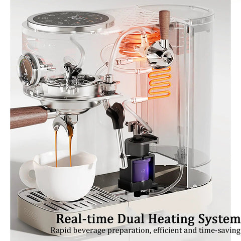 Image of the Straight Up Home Barista Dream Machine featuring dual boiler system and shiny metal components.
