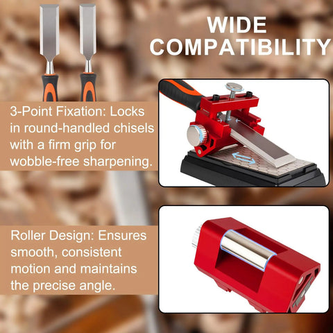 All In One Chisel Sharpening Kit with honing guide, 400 1000 grit diamond stones, non-slip base, angle guide, hex key, storage bag