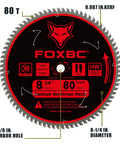Front view of Eight And A Quarter Inch Tungsten Carbide Metal Cutting Table Saw Blade With Eighty Tooth TCG For Aluminum Copper Plastic Brass And Fiberglass Includes Five Eighth Inch Arbor Laser Cut Stabilizer Vents And Diamond Knockout For Beefy Durability.