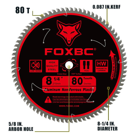 Front view of Eight And A Quarter Inch Tungsten Carbide Metal Cutting Table Saw Blade With Eighty Tooth TCG For Aluminum Copper Plastic Brass And Fiberglass Includes Five Eighth Inch Arbor Laser Cut Stabilizer Vents And Diamond Knockout For Beefy Durability.