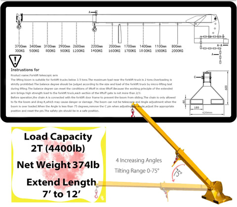 Heavy Duty Telescopic Forklift Boom Extension, Adjusts From Seven To Twelve Feet, detail showing load capacity and angles.