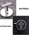 Men's Black Titanium Steel Cross Cufflinks Polished Shirt Fasteners For Formal And Casual Wear Go To Accessory With Elegant Religious Style For Everyday Gear And Gift, featuring close-up of polished black titanium cross design and multifunction shirt fasteners.