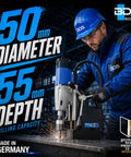 Heavy Duty Magnetic Core Drilling Machine For Steel Fabrication With A Precise Forty Five Millimeter Cut Depth delivering 55mm depth drill capacity.