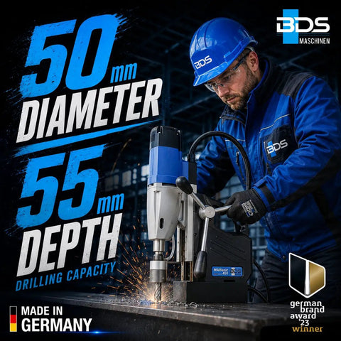 Heavy Duty Magnetic Core Drilling Machine For Steel Fabrication With A Precise Forty Five Millimeter Cut Depth delivering 55mm depth drill capacity.