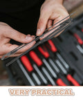 Heavy Duty Folding Umbrella Repair Kit Featuring Slick 8 Bone Metal Ribs And Weather Tough Frame for metal ribs and tools in hands.