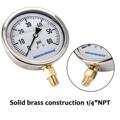 Front view of MEASUREMAN 4-inch glycerin-filled pressure gauge, 0-60 psi, stainless steel case, 1/4" NPT lower mount.