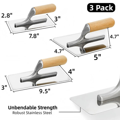 Three Piece Venetian Plaster Trowel Set With Stainless Steel Finishing Trowels And Wooden Handles, 1 mm Thick, Various Sizes