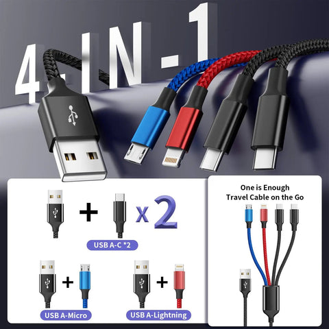 Go-To All In One Dual Type C Charging Cable 4 In 1 for iPhone 17 Galaxy S26 Android iPad and More, multiple connector types.