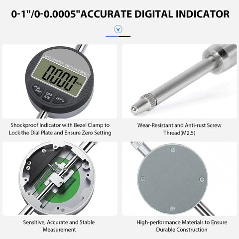 DXphita automotive brake rotor runout gauge set with 1''×0.0005'' digital indicator and 360° flexible stem