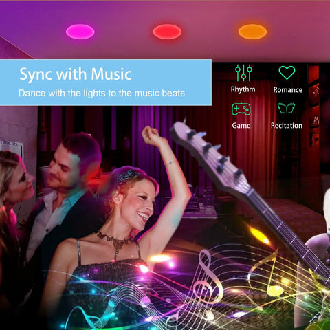 RGB LED Recessed Ceiling Lights Six Pack Dimmable Smart Downlights syncing to music, with vibrant colors in a dance setting