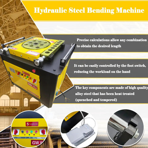 Go Hard Heavy Duty Electric Rebar Bender 4000W Motor Automatic Steel Bar Hoop Bender showing control panel and foot switch.