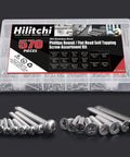 Front view of Hilitchi 570-piece stainless steel Phillips round/flat head self-tapping screw assortment kit in a clear plastic case