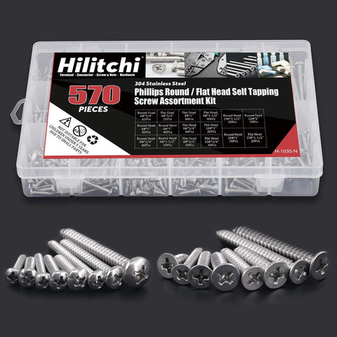 Front view of Hilitchi 570-piece stainless steel Phillips round/flat head self-tapping screw assortment kit in a clear plastic case