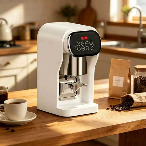 Upgrade Your Daily Grind With This Electric Coffee Tamper And Automatic Espresso Press featuring a sleek white design and stainless steel components