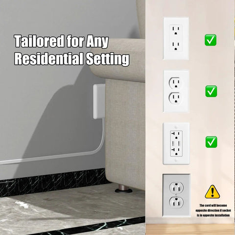 Ultra Slim Flat Plug Extension Cord Power Strip 3 Feet 3 Outlet White wall outlet in residential setting, fits behind furniture.