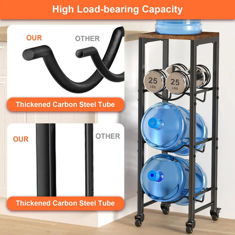 Heavy Duty Workhorse Three Tier Water Bottle Holder Holds Five Gallon Jugs Rolls Smooth On Lockable Casters With Rust Resistant Steel And Solid Wood Top Shelf Knocks Out Clutter In Any Garage