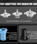 JIFETOR radiator cap test adapters set: three aluminum adapters with blue and black testing connectors