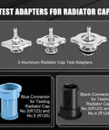 3 Aluminum Radiator Cap Test Adapters with blue and black connectors for Shop Grade 28 Piece Radiator Pressure Leak Tester.