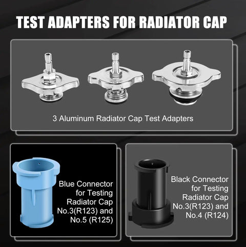 3 Aluminum Radiator Cap Test Adapters with blue and black connectors for Shop Grade 28 Piece Radiator Pressure Leak Tester.