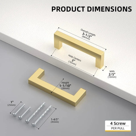 Snag These Top Notch Gold Cabinet Handles 30 Pack Featuring 3 Inch Hole Center Spacing Heavy Duty Solid Metal Construction And Slick Square Bar Pulls For Your Kitchen Remodel with dimensions.