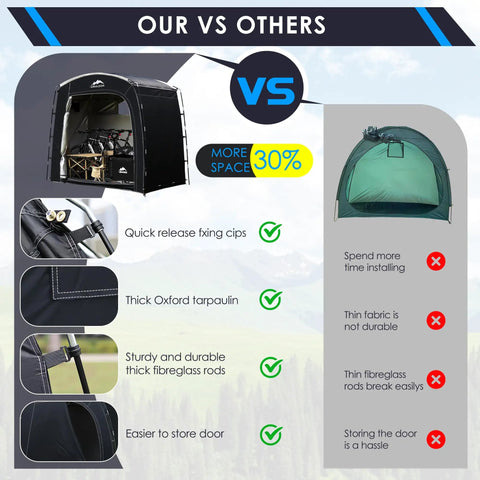 Comparison of bike storage tent designs, highlighting bike storage tent outdoor portable shed for 2 to 4 bikes and more large 90 by 33 by 75 inch space built with 210D Oxford Cloth and PU4000mm waterproof fabric weatherproof storage for motorcycles garden tools lawn mower and gear.
