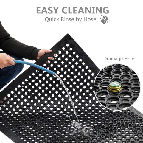 Grippy Non Slip Rubber Drainage Floor Mat With Holes 24x36 Anti Fatigue Cushion showing water rinse for easy cleaning
