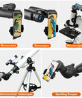 Universal Phone Adapter For Binoculars Monoculars Scopes Telescopes And Microscopes showing phone attachable to optics