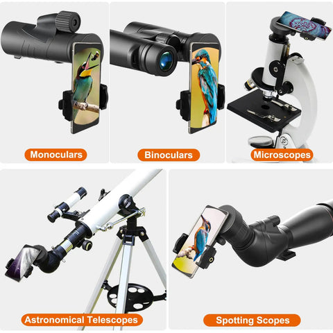 Universal Phone Adapter For Binoculars Monoculars Scopes Telescopes And Microscopes showing phone attachable to optics