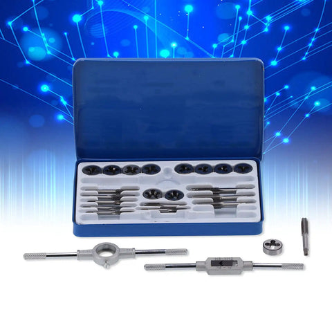 Pro Grade Hard Alloy Steel Tap Die Kit For Thread Repair, Manual Wrench Set, Tough As Nails Industrial Tools For Mending Male And Female Threads, Precision, Heavy Duty, All Purpose Thread Repair Kit in blue case