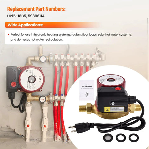 1.25 Hp 115V Water Circulator Pump With 1 2 Inch Sweat Line For Hydronic Heating And Radiant Floors Keeps Your Pipes Running Smooth Ditch Cold Shocks Replaces Up15 18B5 mounted on piping system with red lines.