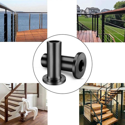 120 Pack T316 Black Stainless Steel Rugged Protector Sleeves For One Eighth Inch Cable Deck Railing Kit System On Wood Posts Protect Wire Rope From Wear And Tear For DIY Balustrade Pro Grade shown with deck and stair railings