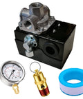 Pressure Switch For Campbell Hausfeld Air Compressors 95 Psi Cut In 125 Psi Cut Out 26 Amp 120 And 240 Volt Quarter Inch FNPT 4 Port With Adjustable Differential From 25 To 33 Psi And 200 Psi Gauge Replacement CW207576AV with gauge, valve, and tape