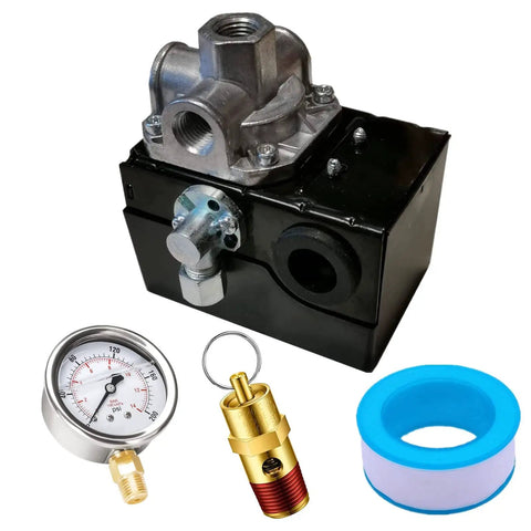 Pressure Switch For Campbell Hausfeld Air Compressors 95 Psi Cut In 125 Psi Cut Out 26 Amp 120 And 240 Volt Quarter Inch FNPT 4 Port With Adjustable Differential From 25 To 33 Psi And 200 Psi Gauge Replacement CW207576AV with gauge, valve, and tape