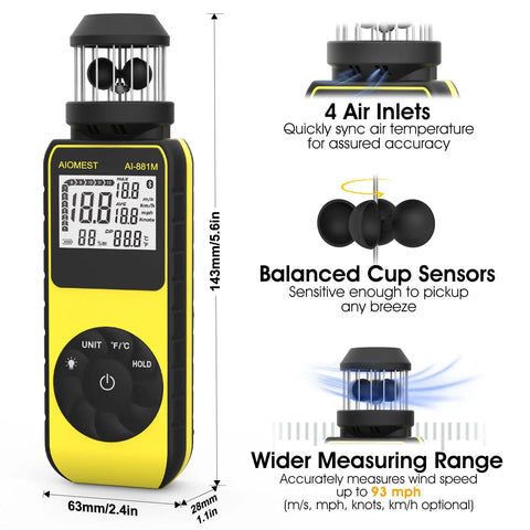 Handy Portable Handheld Anemometer Wind Speed Meter 1.5 To 93 MPH With 0.1 Resolution, Indoor Outdoor Air Flow Gauge For HVAC Balancing And Drone Pilots, Switches Between MPH Knots KMH And Meters Per Second. Yellow handheld digital anemometer with cup sensor, 143mm tall.