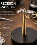 Precision Balance Wheel Holder For Mechanical Watches With Non Magnetic Brass Pin on anti-slip base with balance wheel.