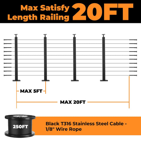 Hella Solid DIY Cable Railing Post Kit Complete Stainless Steel Wire Rope Deck System with 20FT railing design and black wire rope.