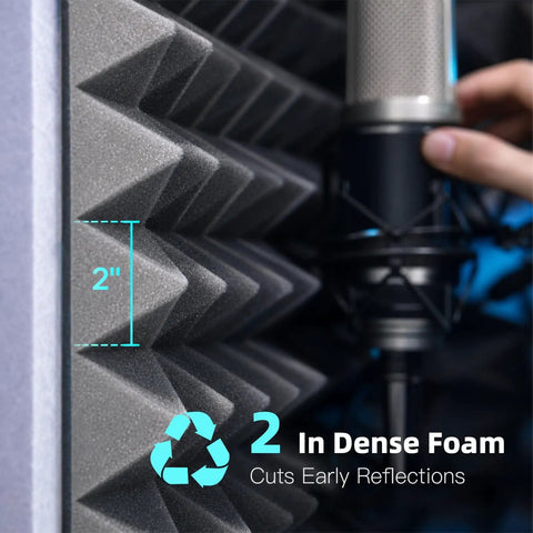 Foldable Portable Vocal Booth With Thick Acoustic Foam For Podcast And Voice Over Setup Soundproof Isolation Shield To Flex Pro Audio and Crush Vocals Anywhere On The Fly; 2" dense acoustic foam close-up with microphone.