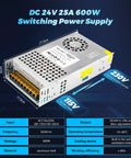 Plug And Play 24V 600W DC Switching Power Supply AC 110V To 24V SMPS for LED Strips CCTV Security Systems And 3D Printers, front view