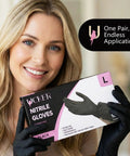 Badass 6 Mil Black Nitrile Gloves, Tough As Nails Heavy Duty Disposable Work Gloves With Unbeatable Textured Grip For Auto Shop Grinds And Weekend Projects, Powder And Latex Free, Case Of 100 held by a smiling woman.
