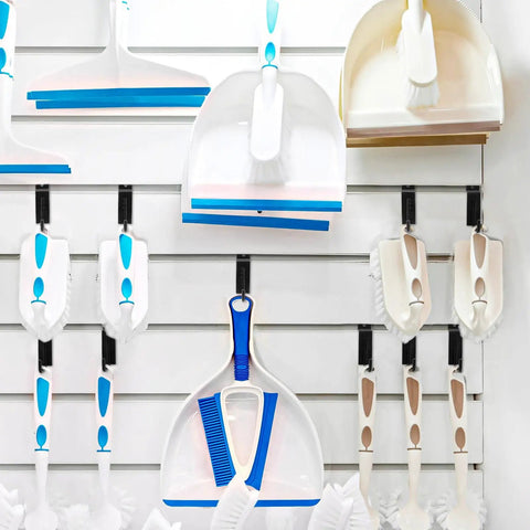 Cleaning tools displayed on slatwall using 25 Pack Slatwall Hooks Hangers Heavy Duty J Shaped Slatwall Panel Hooks Metal Slat Board Hook