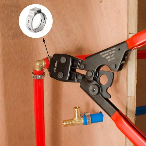 Crimping tool installing 100 Pack Half Inch PEX Cinch Clamp Rings Heavy Duty 304 Stainless Steel PEX Crimp Rings For Quick Leak Proof Pipe Fittings And Pinch Clamps For PEX Tubing Connections on red PEX tubing.